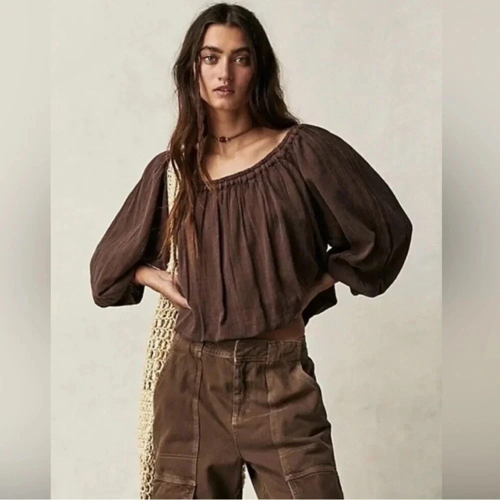 Free People We The Free All About The Bubble in French Roast Blouse XS